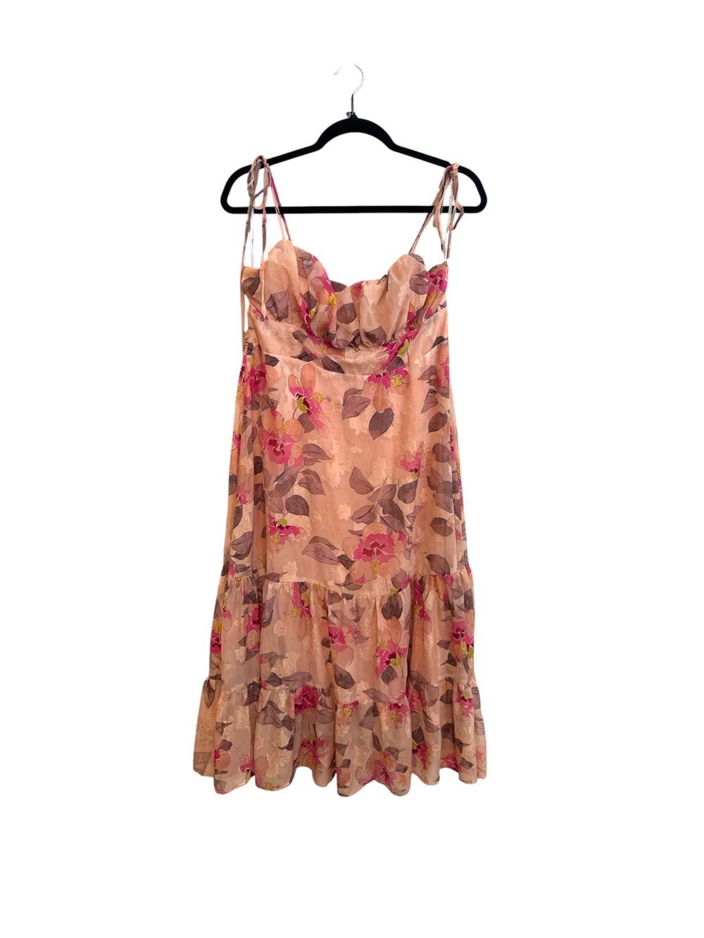 Lulu's Peach Floral Tiered Midi Dress with Pink Accents size XL